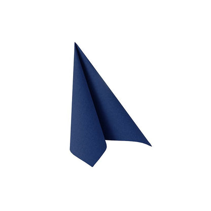A single napkin from the PAPSTAR "ROYAL Collection" by PAPSTAR GmbH, in noble navy blue and measuring 40 cm x 40 cm with 1/4 fold, is elegantly folded into a triangle, making it ideal for enhancing your table decoration against a simple white background.