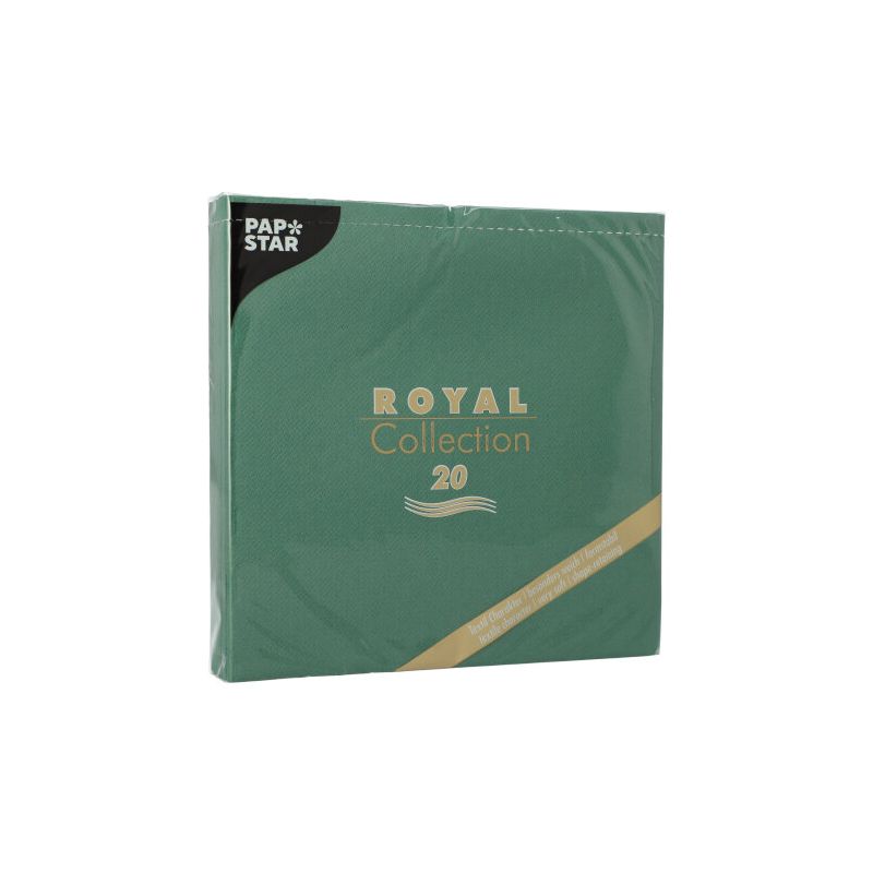 A green pack of PAPSTAR "ROYAL Collection" 1/4-fold napkins in the size 40 cm x 40 cm with 20 pieces is perfect for your table decoration. The packaging highlights the brand name "PAPSTAR GmbH" with the text "Royal Collection 20" in elegant gold lettering.