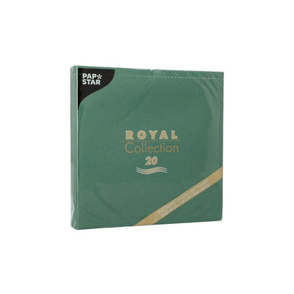 A green pack of PAPSTAR "ROYAL Collection" 1/4-fold napkins in the size 40 cm x 40 cm with 20 pieces is perfect for your table decoration. The packaging highlights the brand name "PAPSTAR GmbH" with the text "Royal Collection 20" in elegant gold lettering.