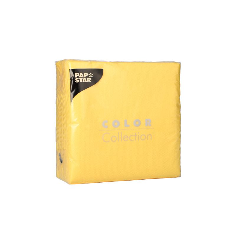 A yellow pack of PAPSTAR 100 napkins, 1-ply 1/4-fold 33 x 33 cm from PAPSTAR GmbH is sealed against a white background, with the PAPSTAR logo in the upper left corner and the FSC certification on the packaging.