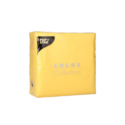 A yellow pack of PAPSTAR 100 napkins, 1-ply 1/4-fold 33 x 33 cm from PAPSTAR GmbH is sealed against a white background, with the PAPSTAR logo in the upper left corner and the FSC certification on the packaging.