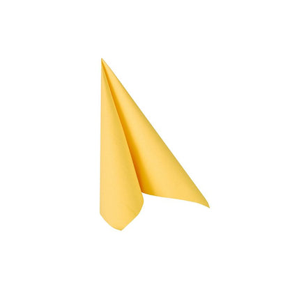 A single yellow napkin from the PAPSTAR "ROYAL Collection" (40 cm x 40 cm, 1/4 fold) is folded into a triangle and adorns a plain white background, adding an elegant touch to any table decoration.