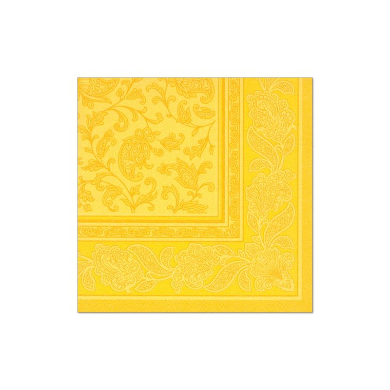 A yellow napkin from the PAPSTAR "ROYAL Collection" with a detailed floral and paisley border beautifully enhances your table decoration.