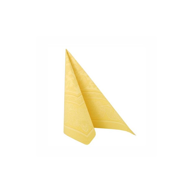A yellow napkin from the PAPSTAR "ROYAL Collection" of the PAPSTAR GmbH with triangular folding and patterned edges enhances your table decoration on a bright white background.