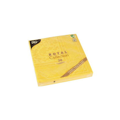 Pictured is a stack of yellow napkins from the PAPSTAR "ROYAL Collection" of the PAPSTAR GmbH, consisting of 20 pieces. The packaging is ideal for table decoration, features decorative patterns, and includes a recycling symbol in the upper corner.