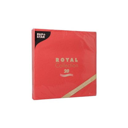 A package with 20 red PAPSTAR ROYAL Collection napkins (40x40 cm, 1/4 fold) from PAPSTAR GmbH. The packaging shows golden text and a diagonal gold stripe in the lower right corner - ideal for your table decoration.