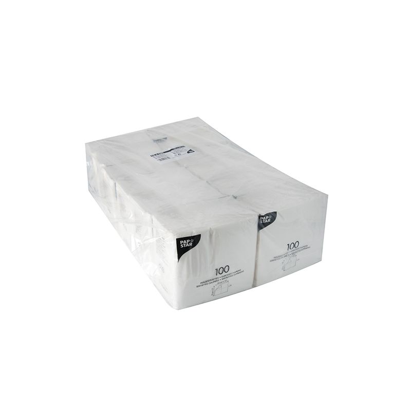 A clear pack of PAPSTAR GmbH 1-ply napkins, 33x33 cm, white, ideal for parties. The bulk pack (1200 pieces) is perfect for festive occasions and features brand and product information on the front.