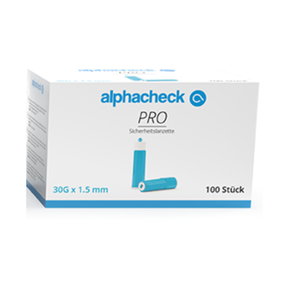 A box labeled 'Alphacheck PRO safety lancets, various sizes' by Berger Med GmbH, containing 100 safety lancets for blood sugar tests in diabetics. The packaging shows a blue lancet and the specification '30G x 1.5 mm', ideal for capillary blood collection.