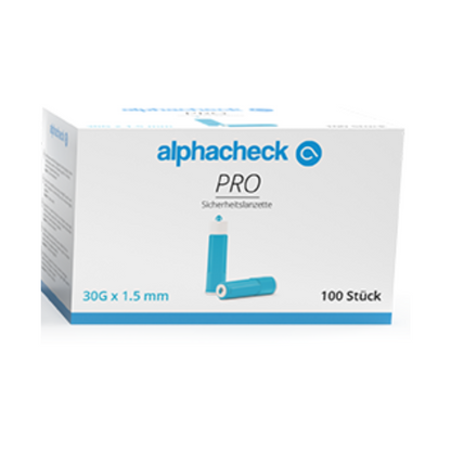 A box labeled 'Alphacheck PRO safety lancets, various sizes' by Berger Med GmbH, containing 100 safety lancets for blood sugar tests in diabetics. The packaging shows a blue lancet and the specification '30G x 1.5 mm', ideal for capillary blood collection.