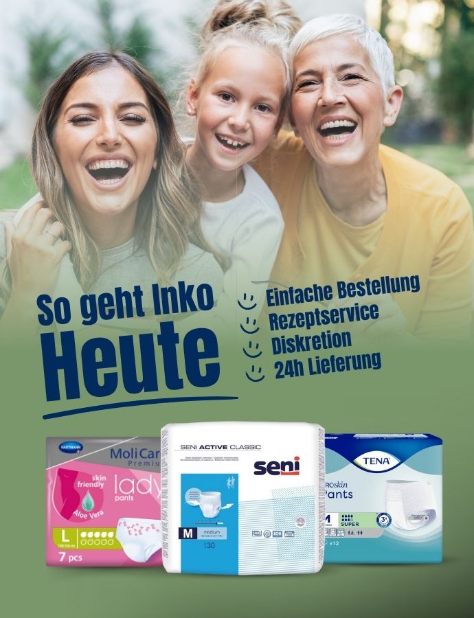 Glückliche Frauen unterschiedlichen Alters lächeln neben Inkontinenzprodukten von HARTMANN MoliCare, SENI Active Classic und TENA Pants – mit Vorteilen wie einfacher Bestellung, Rezeptservice, diskreter Lieferung und 24h Versand. Moderne Inkontinenzversorgung für alle Generationen mit diskretem Versand und schneller Lieferung.