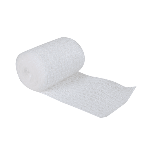 A partially unrolled roll of white, elastic bandage with a textured pattern lies on a white background. The Söhngen WS-elast. gauze bandage (8 cm x 4 m) from W. Söhngen GmbH is highly elastic, making it lightweight and ideal for medical and supportive use in any first-aid facility.