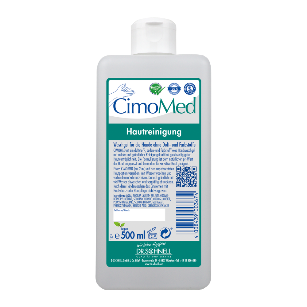 A white 500 ml bottle Dr. Schnell CIMOMED hand wash gel by DR.SCHNELL GmbH & Co. KGaA, fragrance and dye-free, for skin cleansing, German label with blue/green accents, barcode and certification logos, suitable for sensitive skin.