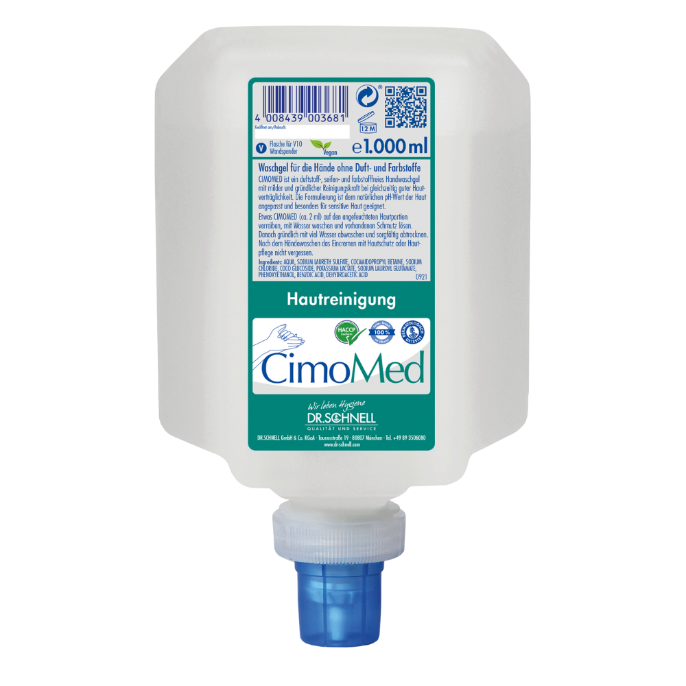 A white 1000ml bottle Dr. Schnell CIMOMED hand wash gel, fragrance and dye-free for skin cleansing by DR.SCHNELL GmbH & Co. KGaA, with blue dispenser cap and German label with ingredients and application instructions for sensitive skin.