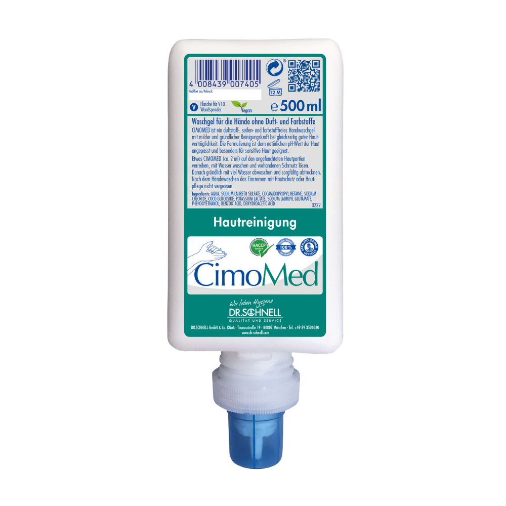 Eine 500 ml Flasche Dr. Schnell CIMOMED Handwaschgel von DR.SCHNELL GmbH & Co. KGaA, duft- und farbstofffrei für Hautreinigung, mit weißem, deutschem Logo und blauem Spender - ideal für empfindliche Haut.