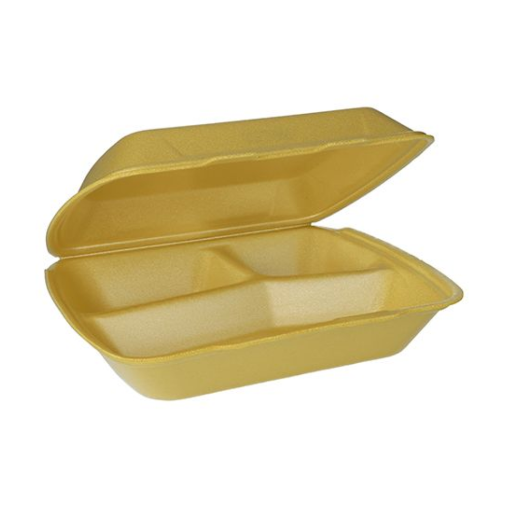 A yellow Starpak XPS foam food container with a three-compartment design offers optimal convenience for take-out sales.