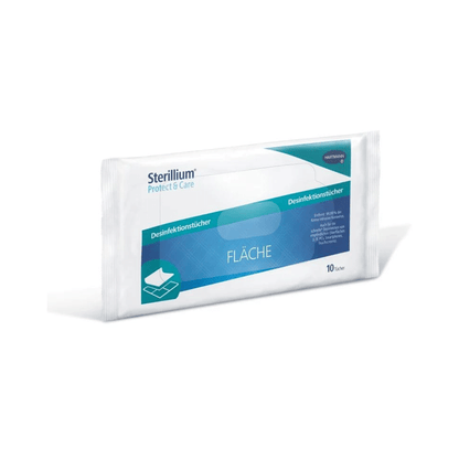 A pack of Hartmann Sterillium® Protect & Care Disinfectant Wipes for surfaces softpack, depicted against a white background. The packaging is mainly white and blue, with text in German. Contains 10 wipes. Brand: Paul Hartmann AG.