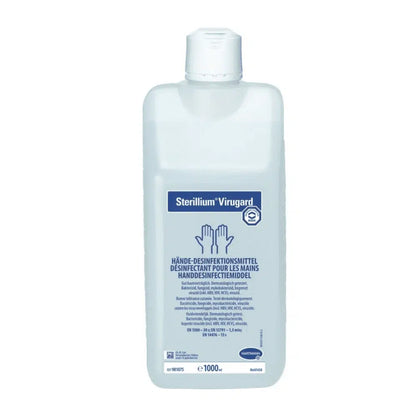 A bottle of BODE Sterillium® Virugard hand disinfectant, white with blue lettering, standing upright, with product details in multiple languages on the label, from Paul Hartmann AG.