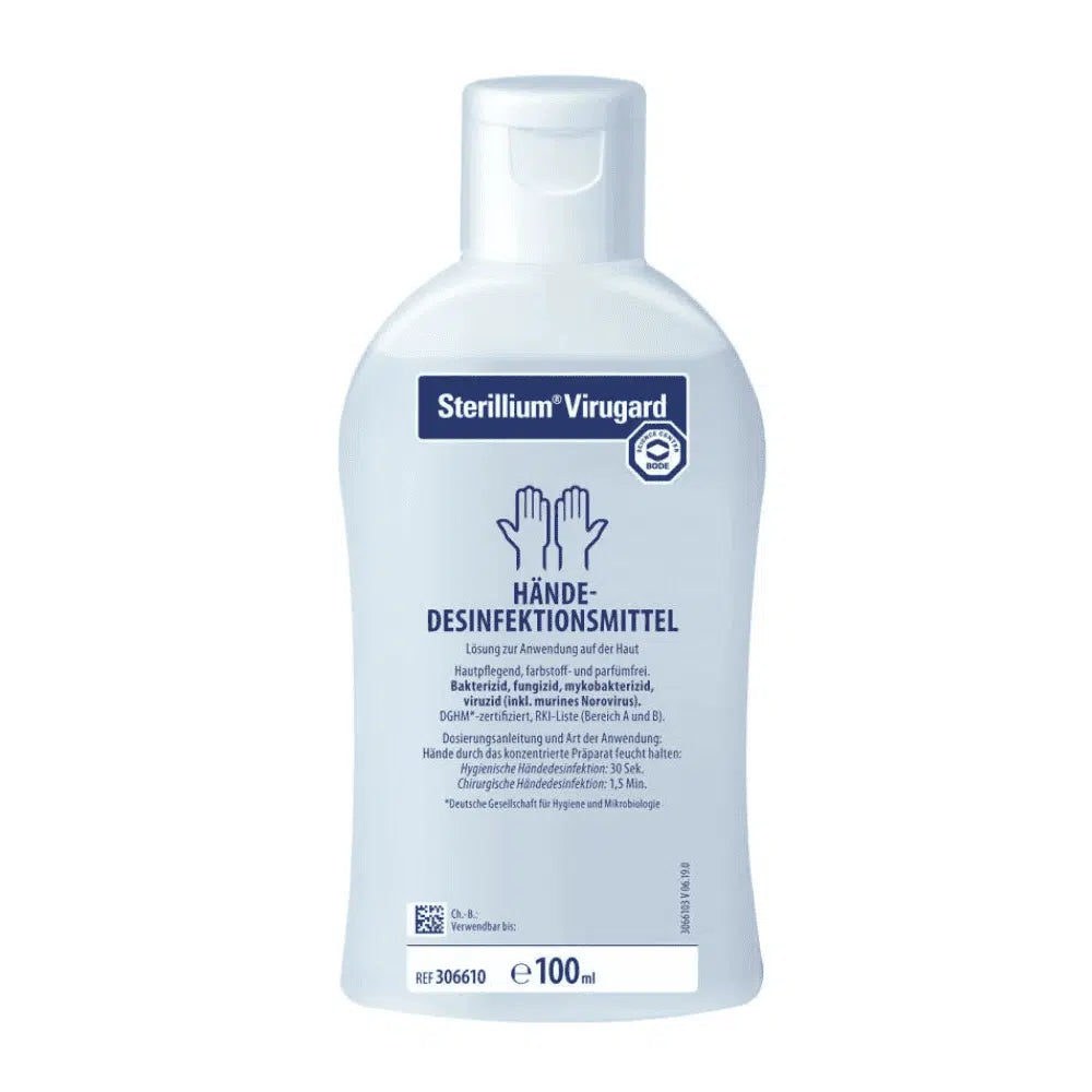 A bottle of BODE Sterillium® Virugard hand disinfectant. The label is predominantly white and blue and shows product details in German as well as a picture of two hands illustrating the application. Brand name: Paul Hartmann AG.