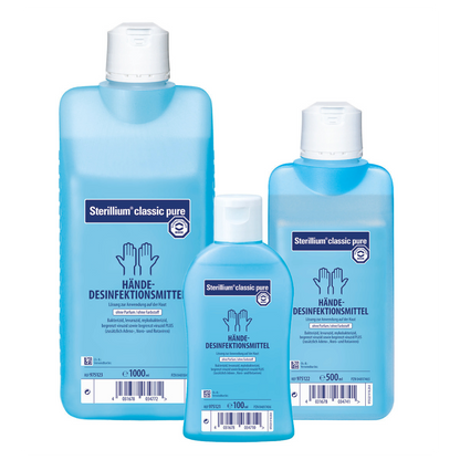 Three bottles of Hartmann Sterillium® pure hand disinfectant from Paul Hartmann AG in different sizes, arranged with the largest at the back. Each bottle is labeled in German and features a clear, blue design.