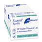 White rectangular box of Meditrade Suavel® Apollo surgical cap (100 pieces) by Meditrade GmbH, labeled green with "astronaut shape", made of polypropylene nonwoven fabric with feature symbols and information in German and English.