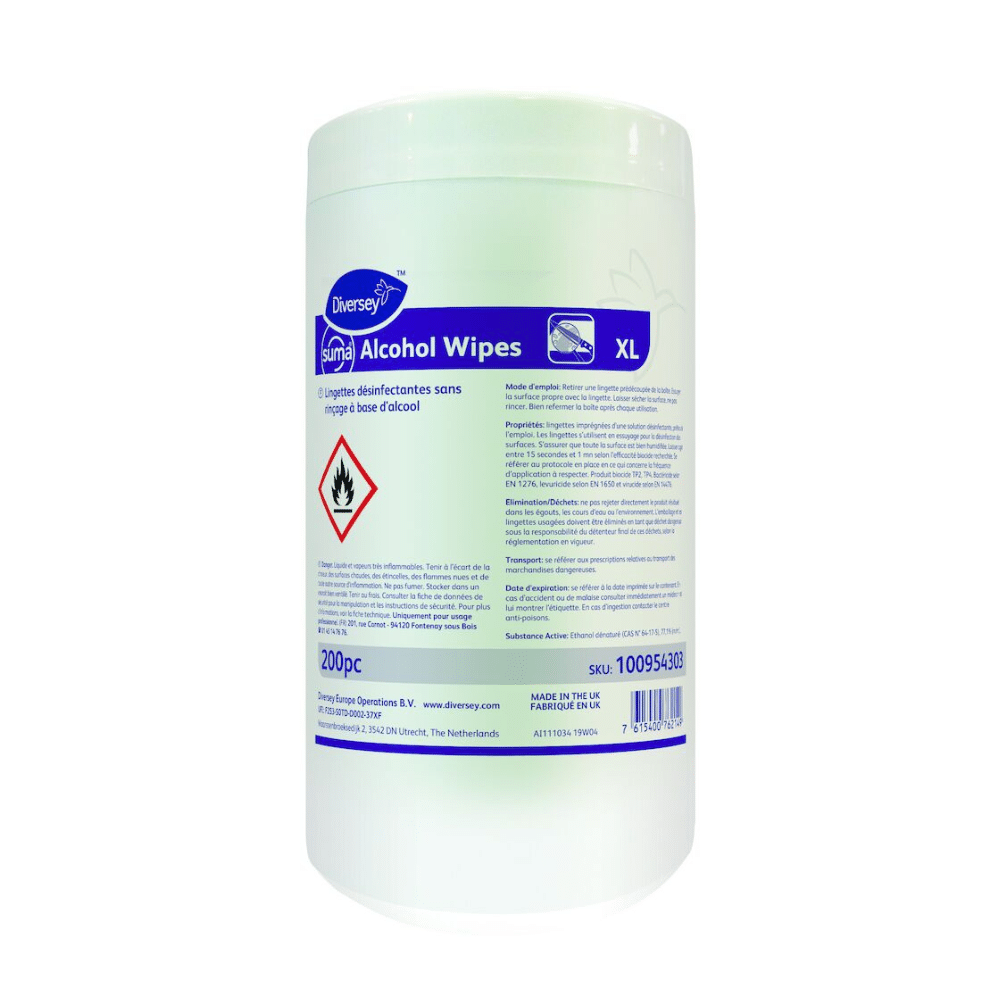 A container labeled "Suma Alcohol Wipes" with blue and purple design elements is marked with safety warnings, product details, and a flammable hazard symbol indicating food safety. It contains 200 ready-to-use, alcohol-based surface disinfectant wipes and is manufactured by Diversey Deutschland GmbH & Co. OHG in the USA.