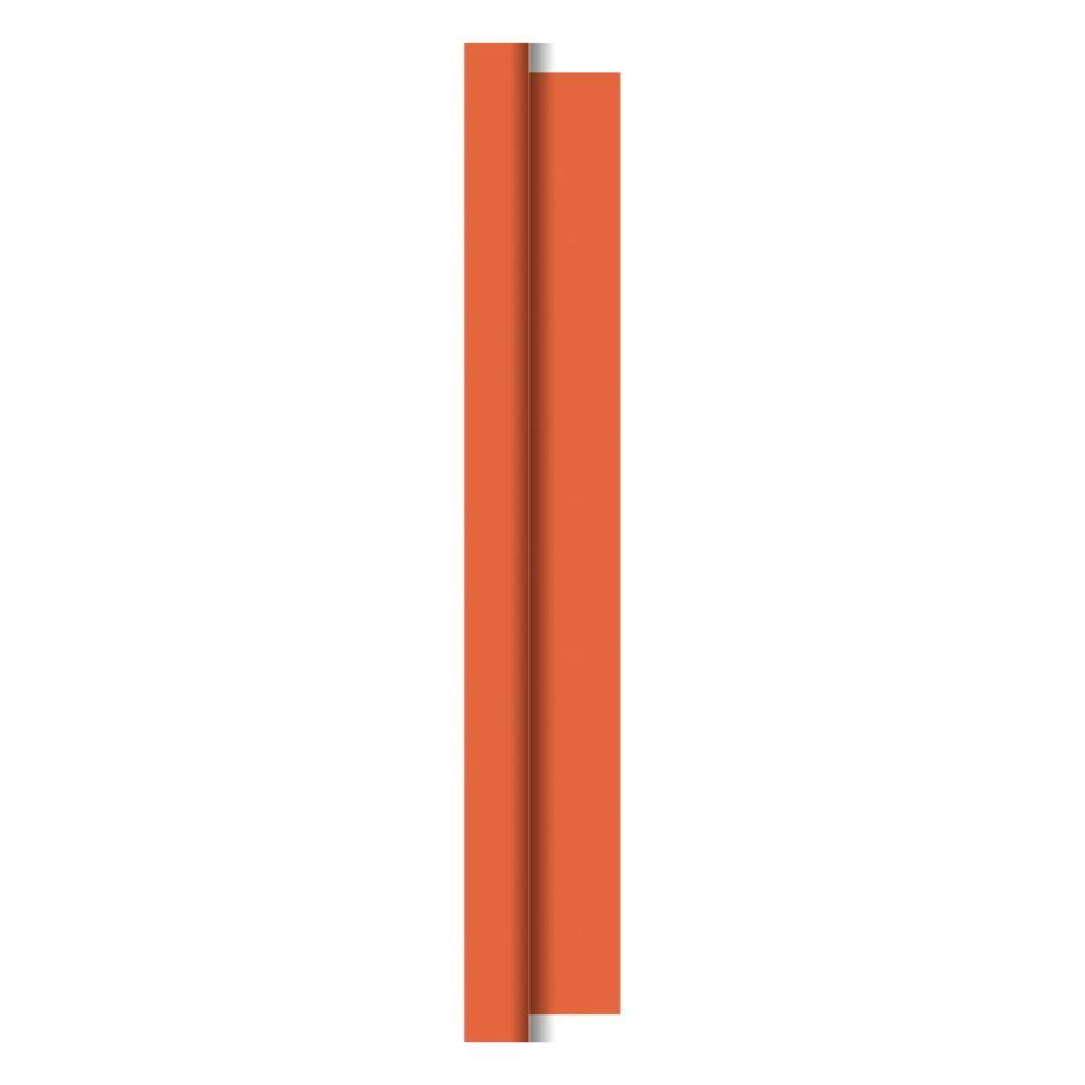 A vertical, rectangular orange bar with a central groove, reminiscent of the flexible Dunicel tablecloth rolls (1.18 m x 25 m) by Duni GmbH, against a plain white background.