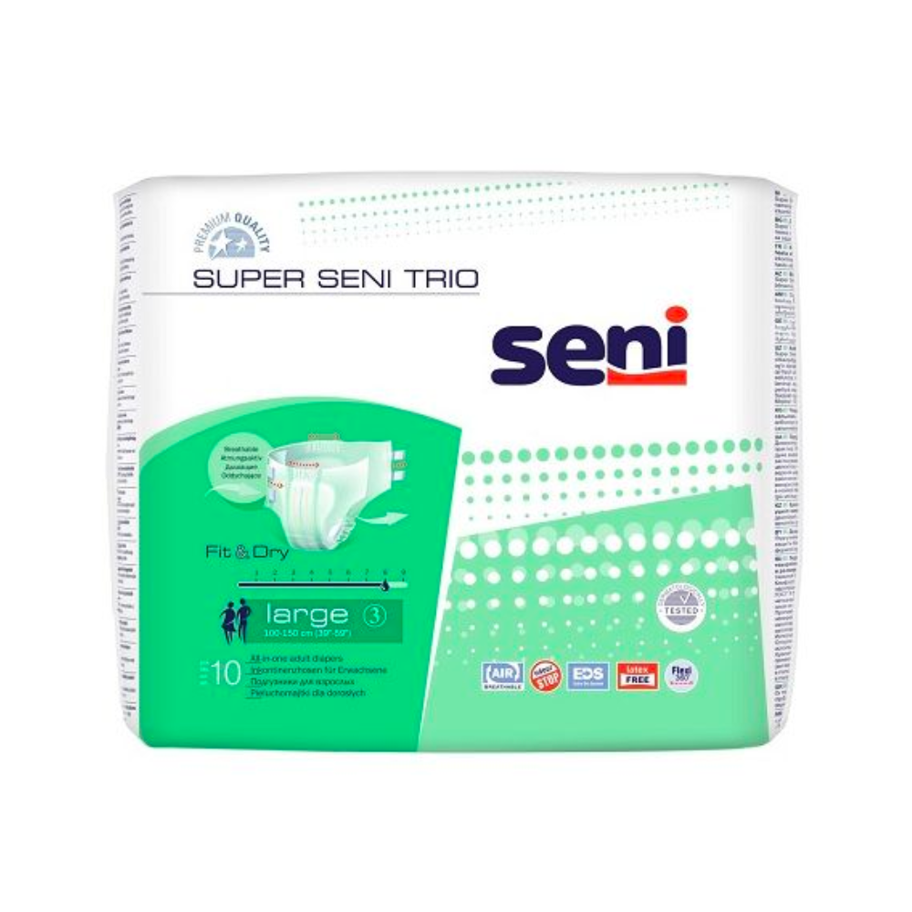 A pack of Super Seni Trio incontinence pants by TZMO Deutschland GmbH in size Large, consisting of 10 pieces. The packaging is mainly white and green, and the product features are listed on the front.