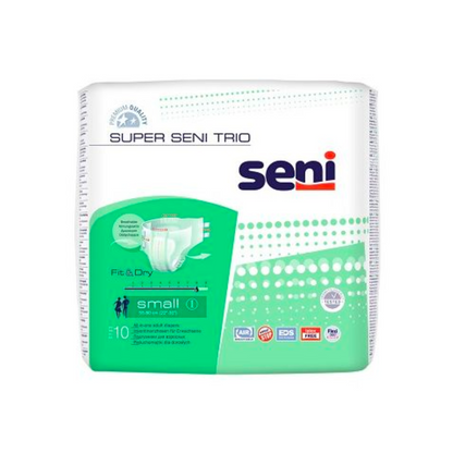A package of Super Seni Trio incontinence pants in size Small by TZMO Deutschland GmbH. The package is white with green accents and displays the product features, including the Fit&Dry system and breathability specifications.