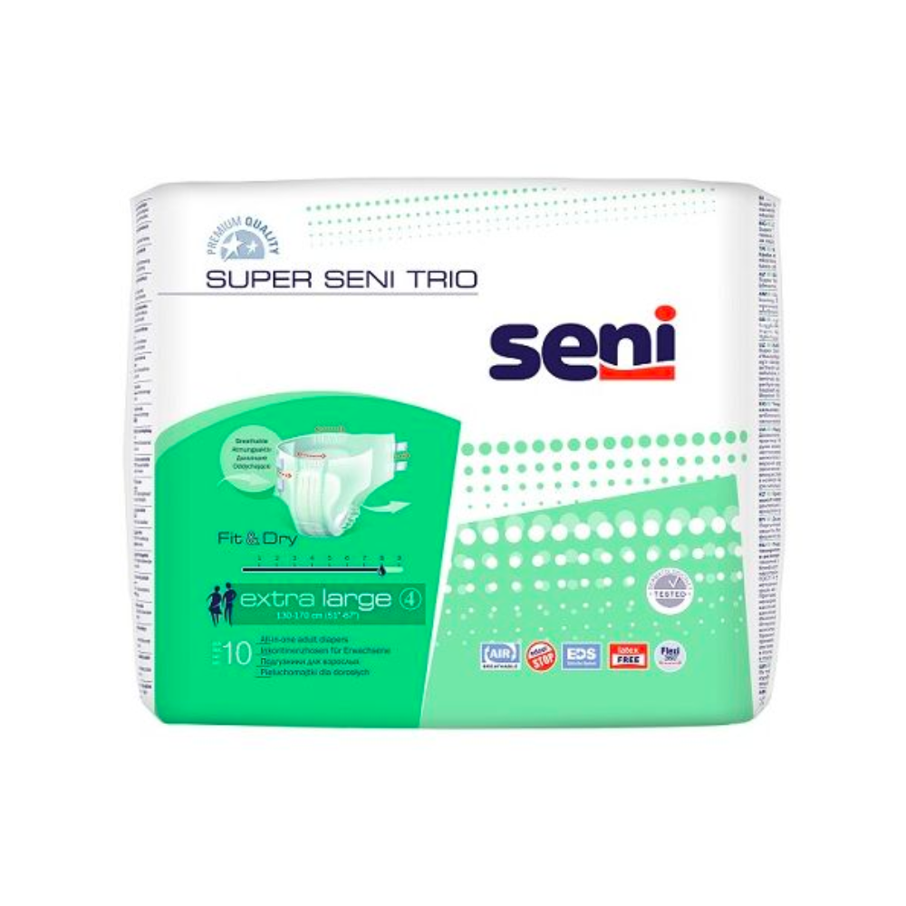 A pack of Super Seni Trio incontinence pants by TZMO Deutschland GmbH in sizes S-XL with 10 breathable all-in-one diapers for bladder weakness, depicted on a white background with green and blue design elements.
