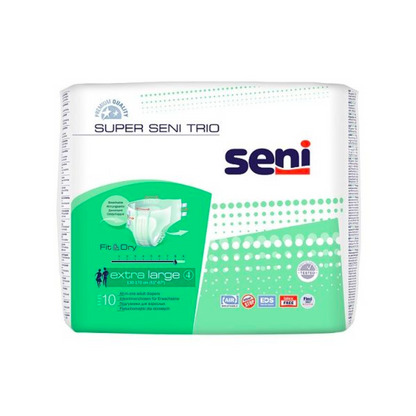 A pack of Super Seni Trio incontinence pants by TZMO Deutschland GmbH in sizes S-XL with 10 breathable all-in-one diapers for bladder weakness, depicted on a white background with green and blue design elements.