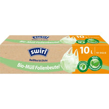 A roll of Swirl bio-waste foil bags with handles 10l, tear-resistant & leak-proof (10 bags) from Melitta Europa GmbH & Co. KG. Delivered in brown-green packaging with eco-friendly symbols and light green bag, 100% compostable and DINplus certified.