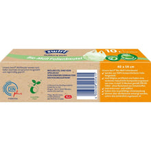 Box of Swirl bio-waste foil bags with handles 10l from Melitta Europa GmbH & Co. KG, 10 tear-resistant & leak-proof bags on a roll (each 40 x 54cm), 100% compostable, DINplus certified. German product information and barcode on the packaging.
