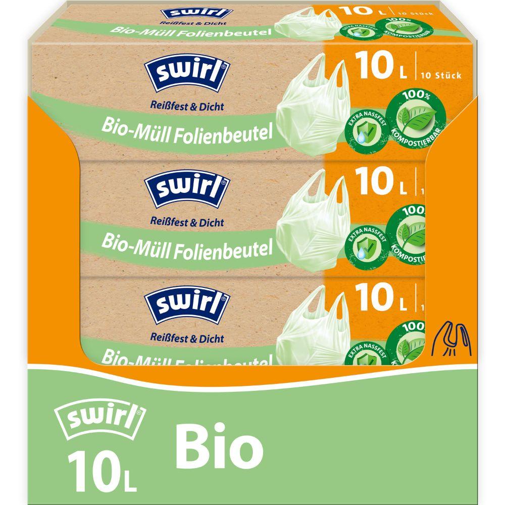 A roll of Swirl bio-waste foil bags with handles (10 x 10L) from Melitta Europa GmbH & Co. KG, tear-resistant & leak-proof, with eco-friendly green and orange packaging with symbols and a biodegradable bag illustration.