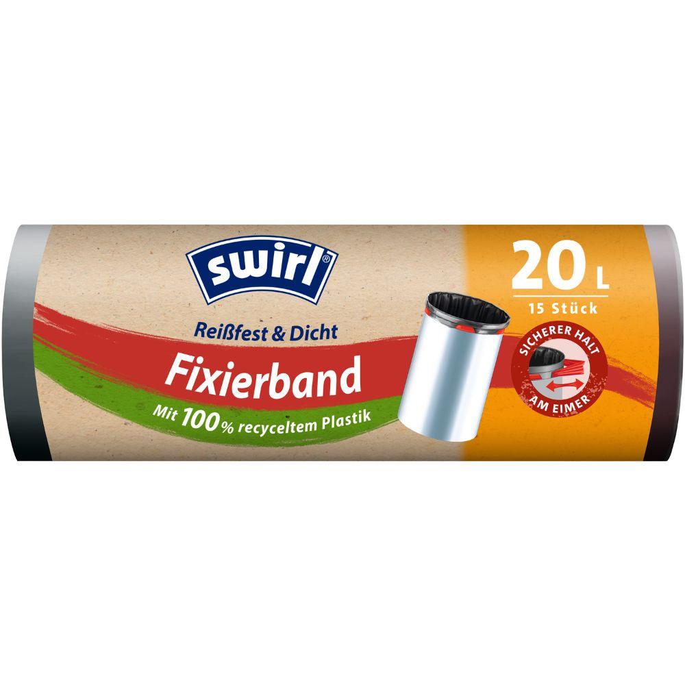 Der Swirl Fixierband-Müllbeutel 20 l Reißfest & Dicht von Melitta Europa GmbH & Co. KG kommt in einer 15er-Rolle mit braun-orangefarbenem Etikett, reißfester Folie, aus recyceltem Plastik und mit einem Mülltonnen-Motiv.