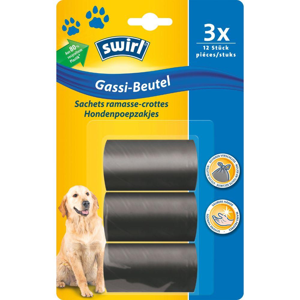 A pack of Swirl tear-resistant & leak-proof dog waste bags (36 bags, from Melitta Europa GmbH & Co. KG) in a plastic packaging with a yellow-blue background, a Golden Retriever photo, German text, and feature icons.