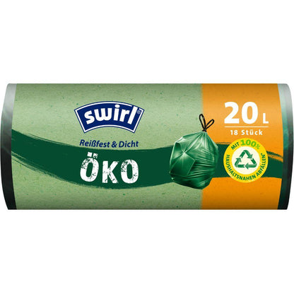 Eine Rolle Swirl Öko-Müllbeutel mit Zugband 20l Reißfest & Dicht von Melitta Europa GmbH & Co. KG enthält 18 umweltfreundliche Müllbeutel in grüner und oranger Verpackung mit Recyclingsymbol, hergestellt aus recyceltem Kunststoff.
