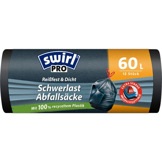 The Swirl heavy-duty bags Profi with drawstring 60 l Tear-resistant & Sealed by Melitta Europa GmbH & Co. KG are delivered on a roll with 12 extra tear-resistant bags, in a black-yellow packaging made from 100% recycled plastic.