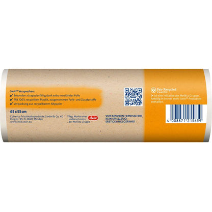 A cylindrical roll of Swirl carrying handle garbage bags 35l from Melitta Europa GmbH & Co. KG in brown and orange, with German text, recycling symbols, barcode, product details (65 x 53 cm) and the emphasis on environmentally friendly garbage bags made from recycled plastic.
