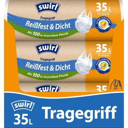 A roll of Swirl carrying handle garbage bags 35 l Tear-resistant & Leak-proof (15 bags) from Melitta Europa GmbH & Co. KG with the inscription "With 100% recycled plastic" with blue, white, and orange design and a plastic bag image.