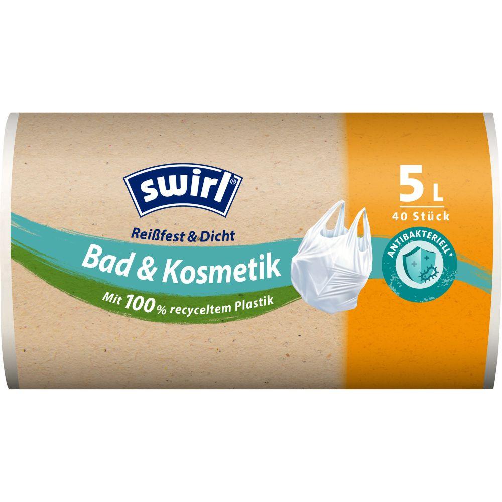A roll of Swirl handle-tie garbage bags Bath & Cosmetics 5L (40 bags) from Melitta Europa GmbH & Co. KG, made from 100% recycled plastic with antibacterial protection, is labeled as tear-resistant and leak-proof.