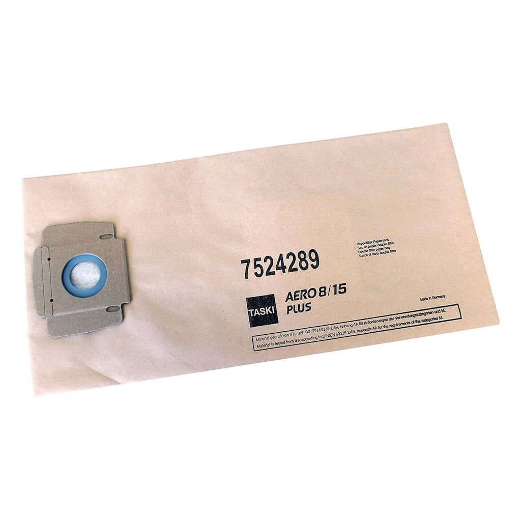 A light brown rectangular paper bag with the inscription “TASKI AERO 8/15 Paper Dust Bag, for TASKI AERO (Fits all AERO models)” from Diversey Deutschland GmbH & Co. OHG, with a mounting hole and the number 7524289, designed for Aero models.