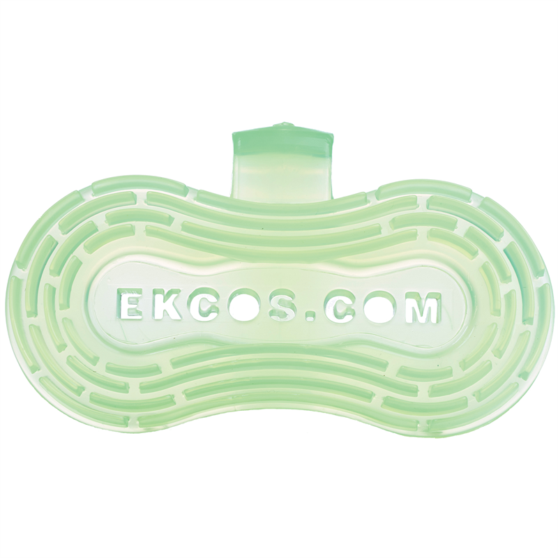 The Ekco Clip Air Freshener Green Apple by Diversey Deutschland GmbH & Co. OHG is a green toilet bowl air freshener with a fresh Green Apple scent, pack of 10 pieces, with a raised ribbed pattern and "EKCOS.COM" cutout in the middle.