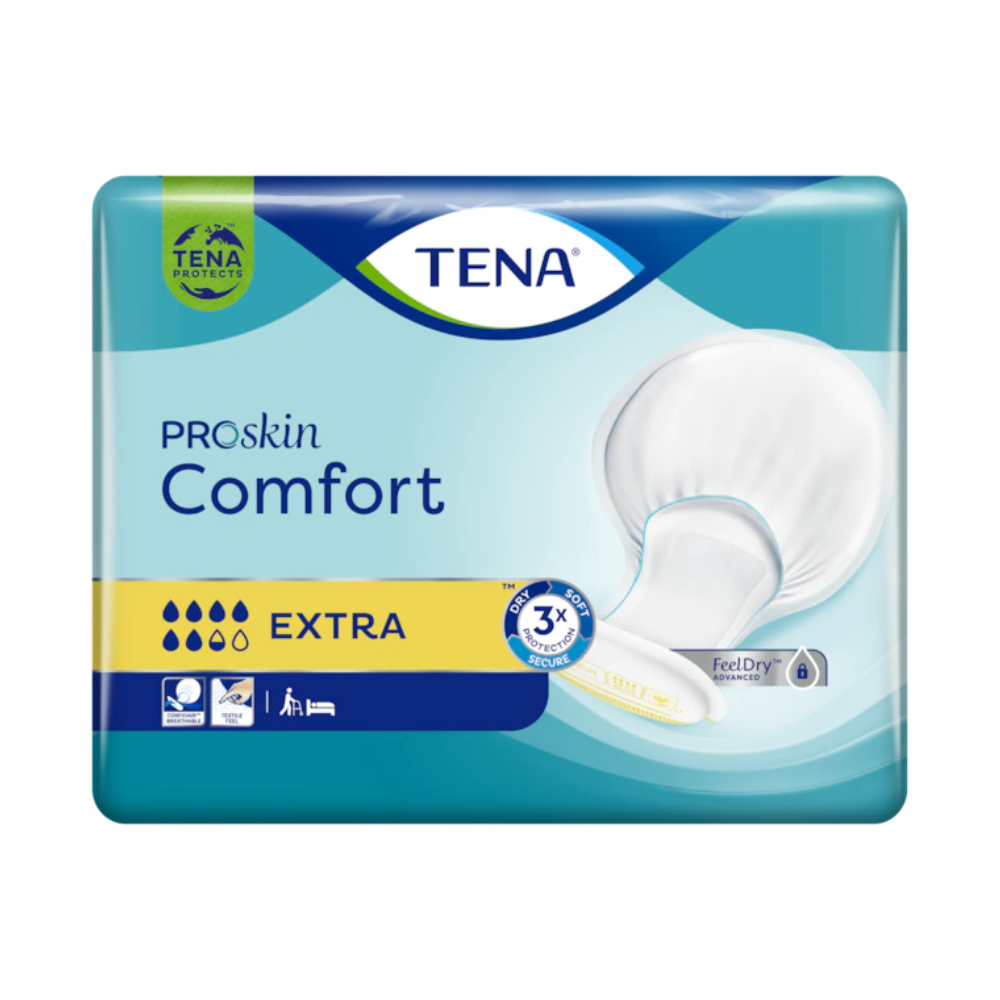 The packaging of the TENA Comfort Extra incontinence pad (pack of 40 pieces) has the absorbency "EXTRA" and shows a white pad image next to symbols highlighting comfort features. The design includes blue and green tones, with the TENA logo prominently displayed at the top, addressing urinary incontinence needs. Manufactured by TENA - Essity Germany GmbH.