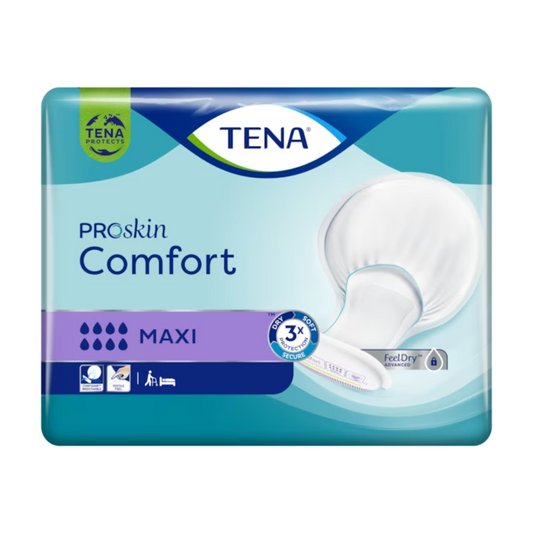 Eine Packung TENA Comfort Maxi Inkontinenzvorlage mit der Aufschrift „MAXI“ zeigt ein weißes Pad-Bild und Symbole für hohen Auslaufschutz, atmungsaktives Material und FeelDry-Technologie. Die überwiegend blau-grüne Verpackung sorgt für höchsten Komfort und Vertrauen.