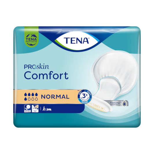 Das Bild zeigt eine Packung TENA Comfort Normal Inkontinenzeinlagen mit der Aufschrift „Normal“. Die Verpackung ist überwiegend blau und grün und zeigt ein Bild einer der Einlagen. Das Etikett weist auf eine hohe Saugstärke (3x Saugfähigkeit) hin und enthält Symbole für Hauttrockenheit und Komfort.