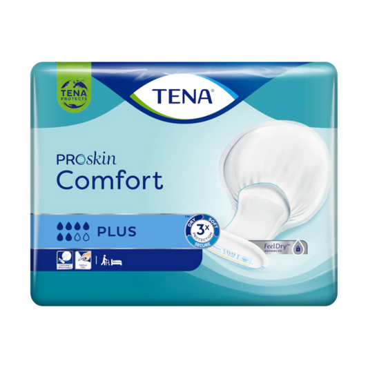 Bild einer TENA Comfort Plus Inkontinenzvorlage | Packung (46 Stück). Die Verpackung ist überwiegend blau und grün mit einem weißen Abschnitt. Sie zeigt das TENA-Logo, den Text „Comfort Plus Inkontinenzvorlage“ und Symbole, die auf maximale Saugfähigkeit, Bettnutzung und Inkontinenzschutz hinweisen. Dieses hochsaugfähige Inkontinenzprodukt gewährleistet außergewöhnlichen Auslaufschutz.