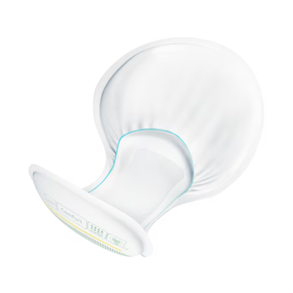 The image shows a white TENA Comfort Super incontinence pad, which has a rounded shape with a slightly raised section at one end. This product, manufactured by TENA - Essity Germany GmbH, is designed for comfort and absorbency, offers a smooth, soft texture, and is accented with a light blue border at the edge.