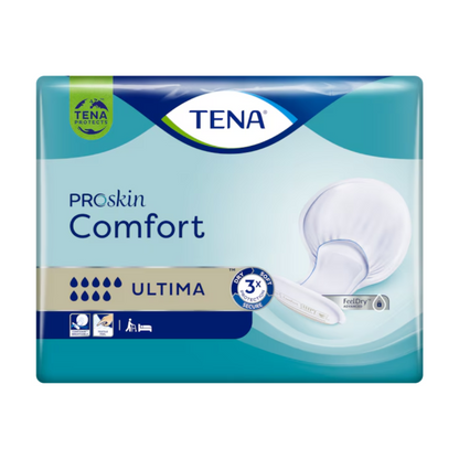 The packaging of the TENA Comfort Ultima incontinence pad by Essity Deutschland GmbH is shown. It displays the TENA logo, three absorption droplets indicating maximum absorbency, and an image of the product. The packaging highlights features such as FeelDry technology and skin-friendly properties.