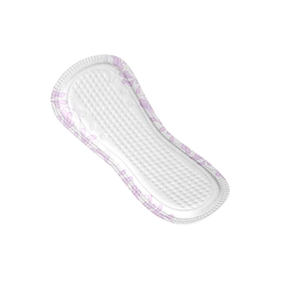 The TENA Discreet Mini Magic incontinence pad from Essity Germany GmbH features a quilted texture and delicate light purple floral patterns on the edges. It is equipped with microPROTEX technology and designed for people with light bladder weakness. It is elegantly presented on a simple white background.