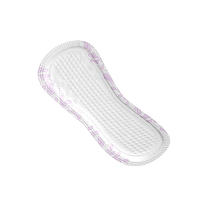 The TENA Discreet Mini Magic incontinence pad from Essity Germany GmbH features a quilted texture and delicate light purple floral patterns on the edges. It is equipped with microPROTEX technology and designed for people with light bladder weakness. It is elegantly presented on a simple white background.